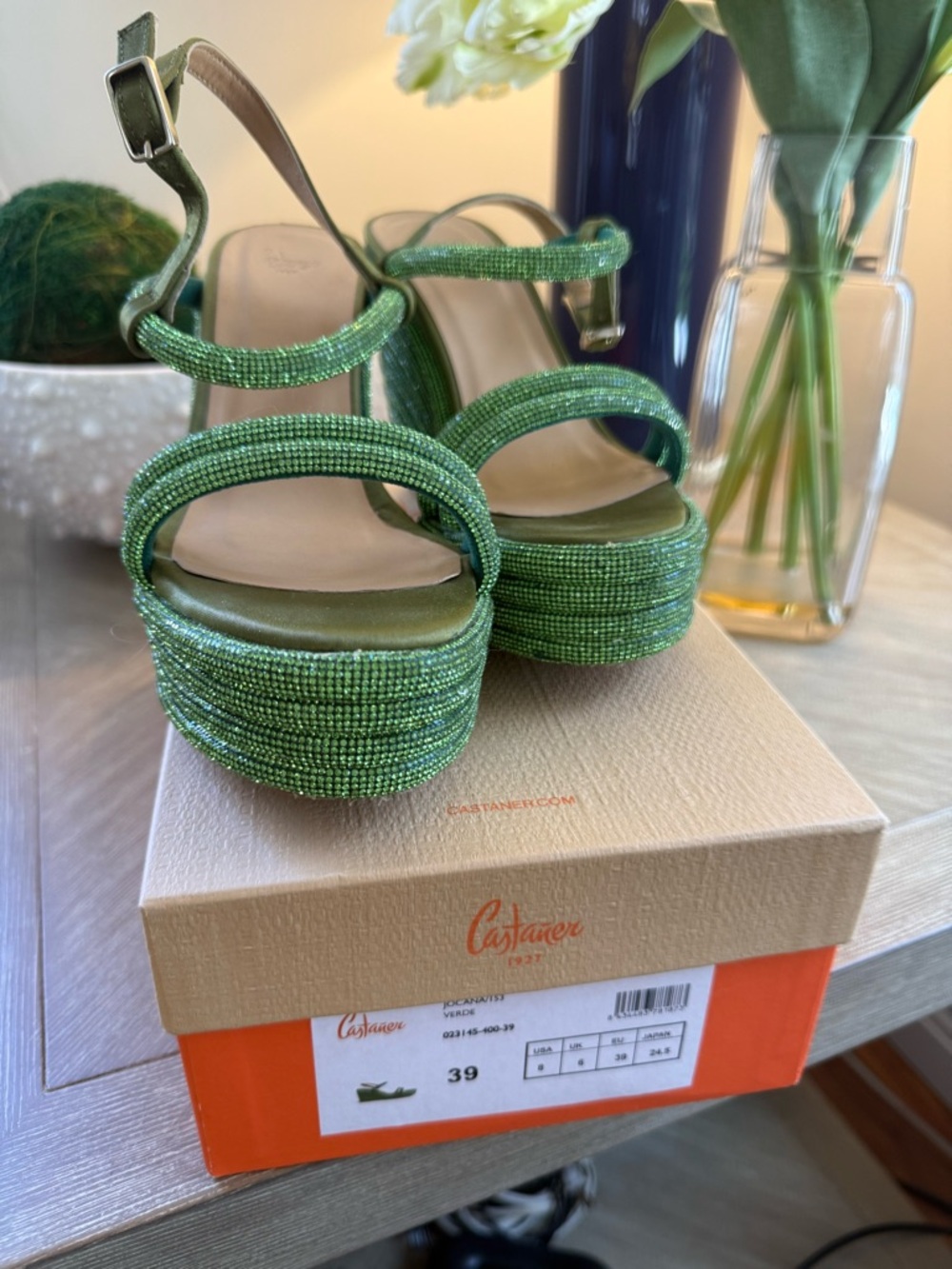 Castaner Green Beaded Platform Sandals with Ankle Strap